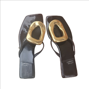 Jeffrey Campbell Black  patent Sandals with Sculptural gold Buckles  Size 7.5